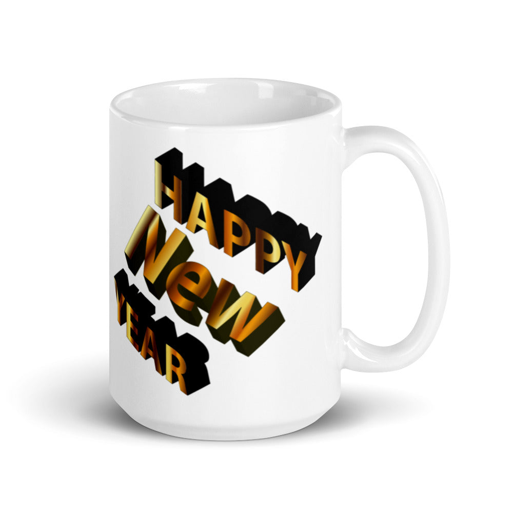 Happy New Year - White glossy mug - 3D Black & Gold