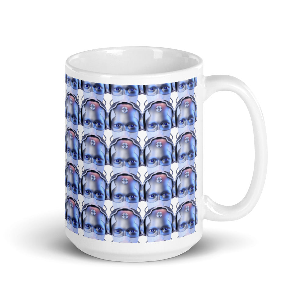 Robotic Head in Purple Pattern - White glossy mug - Science Fiction Day