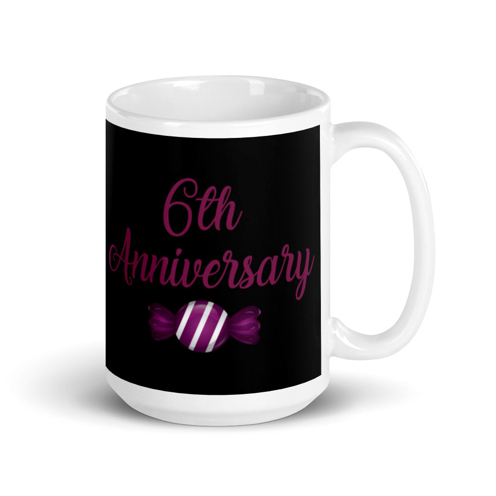 6th Anniversary in Black & Purple - White glossy mug
