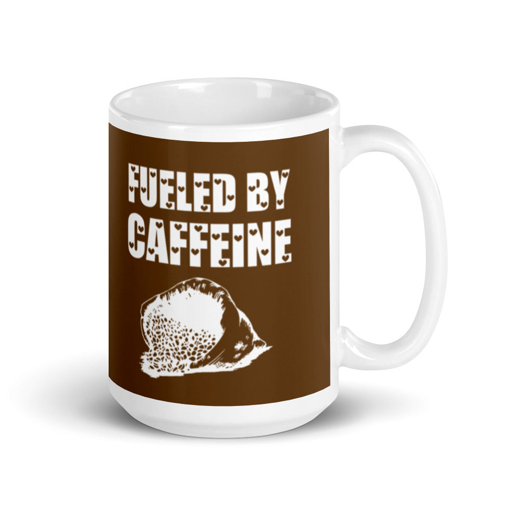 Fueled By Caffeine (Brown) White glossy mug
