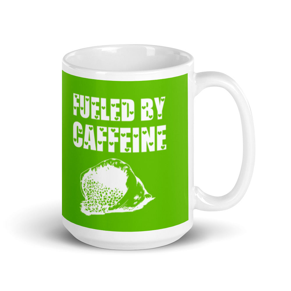 Fueled by Caffeine (Green) White glossy mug