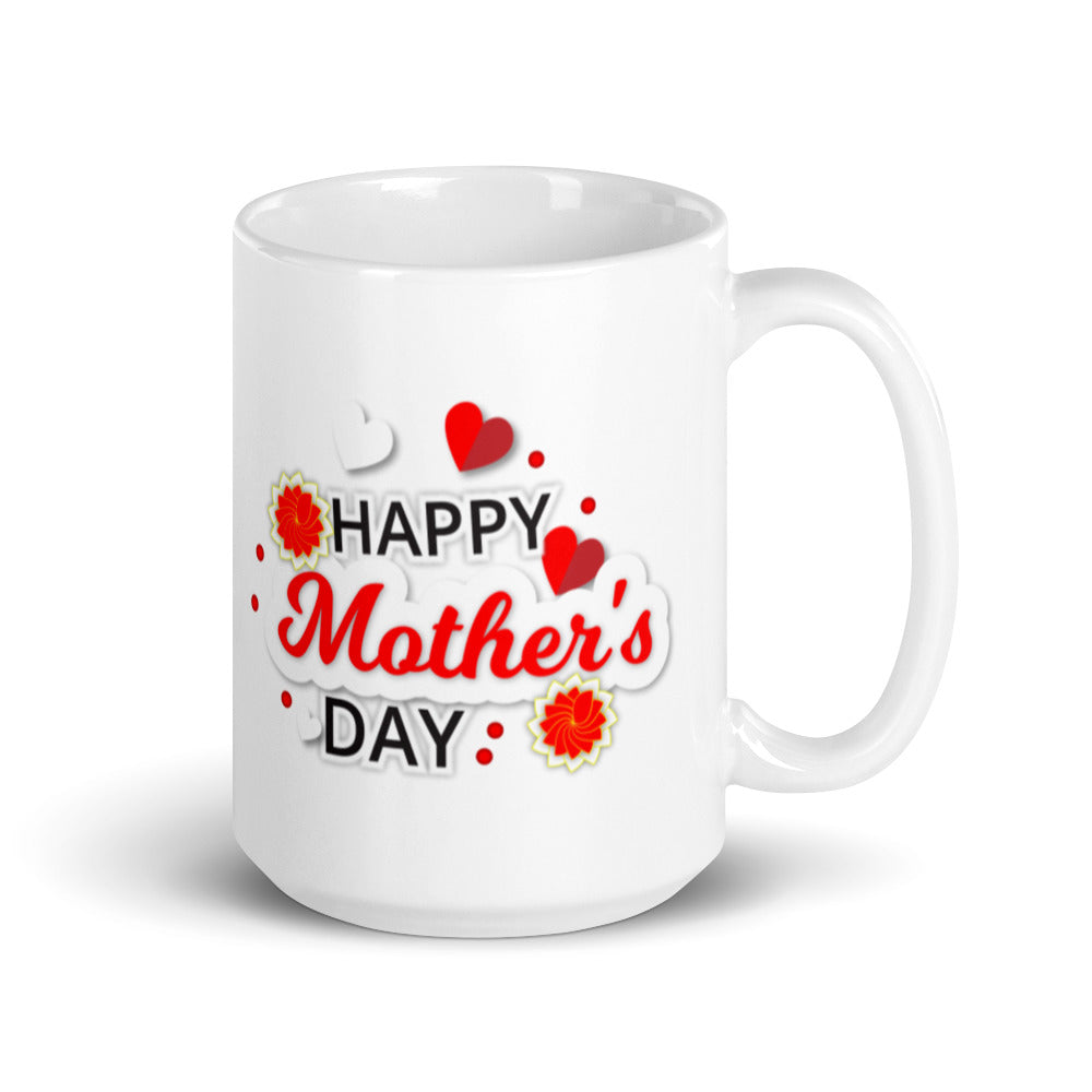 Happy Mothers Day with Red & White Hearts - White glossy mug