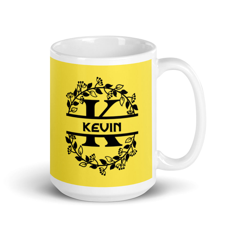 Kevin - Yellow & Black Personalised on White glossy mug