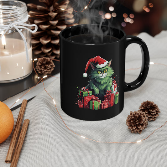 Green Christmas Cat 11oz Black Mug