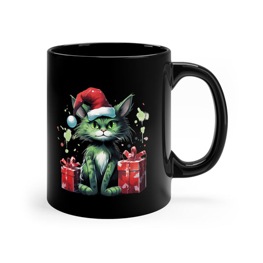 Green Christmas Cat 11oz Black Mug