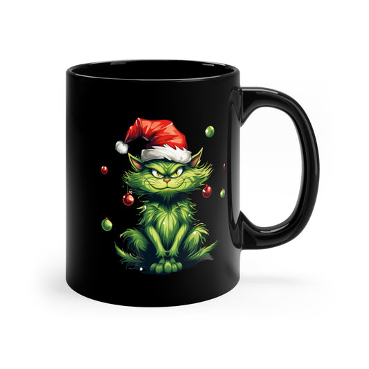Green Christmas Cat 11oz Black Mug