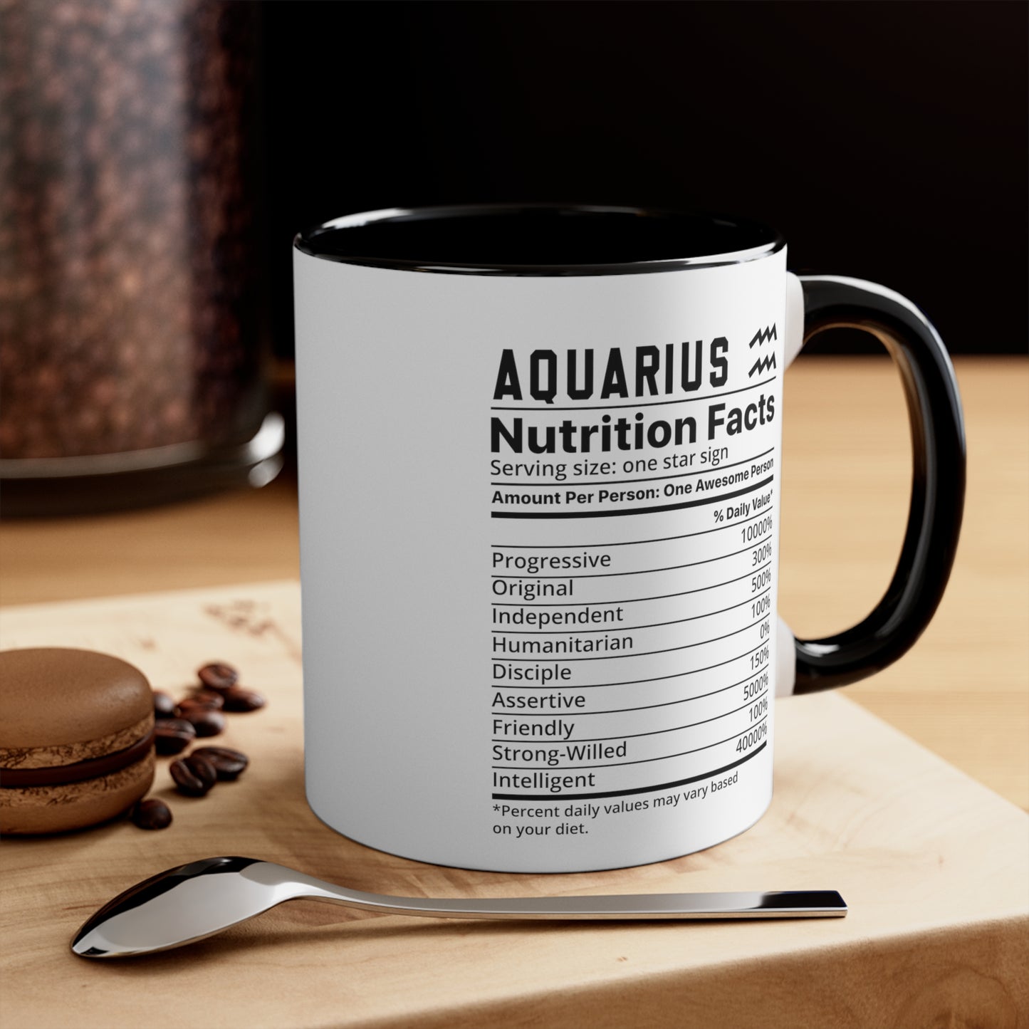 Aquarius Star Sign Nutrition Facts White Black Accent Ceramic Mugs 11oz,  Zodiac, Astrology, Celestial, coffee mug, tea cup, joke, funny, humorous, fun
