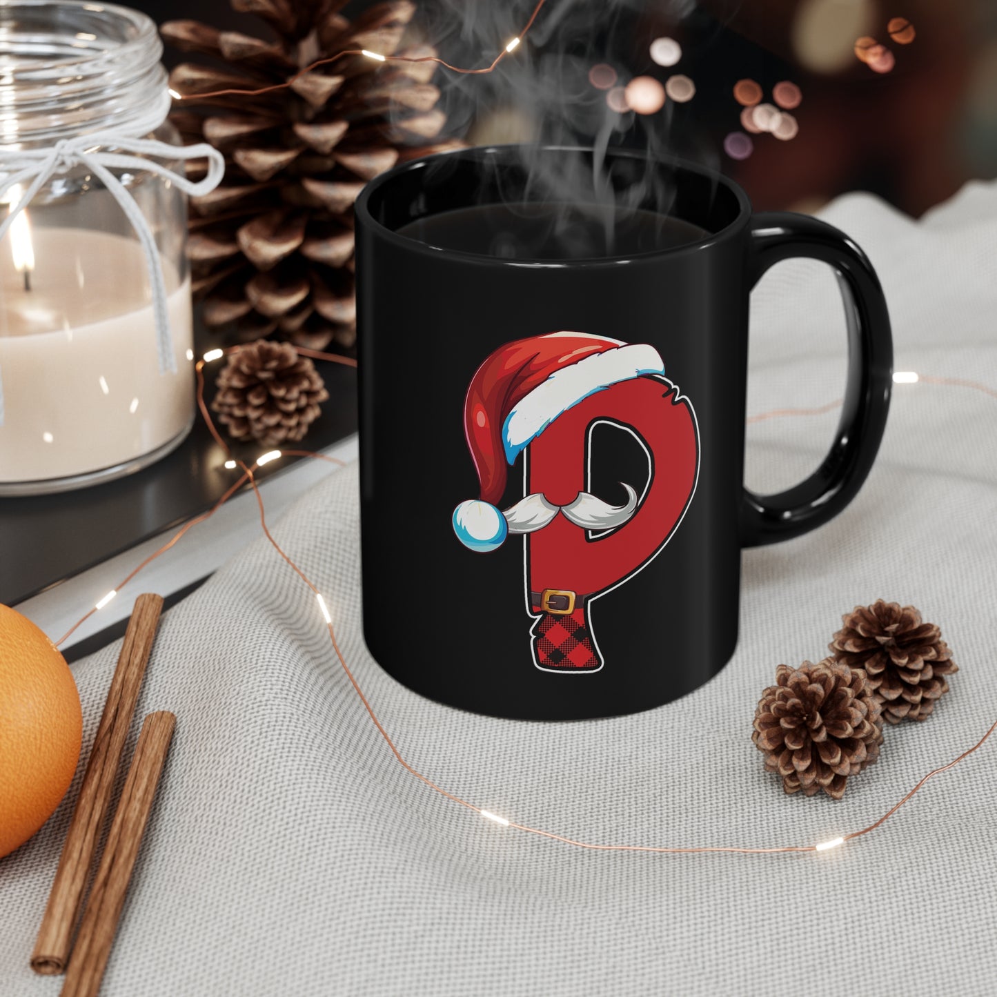 P Santa Initial 11oz Black Mug