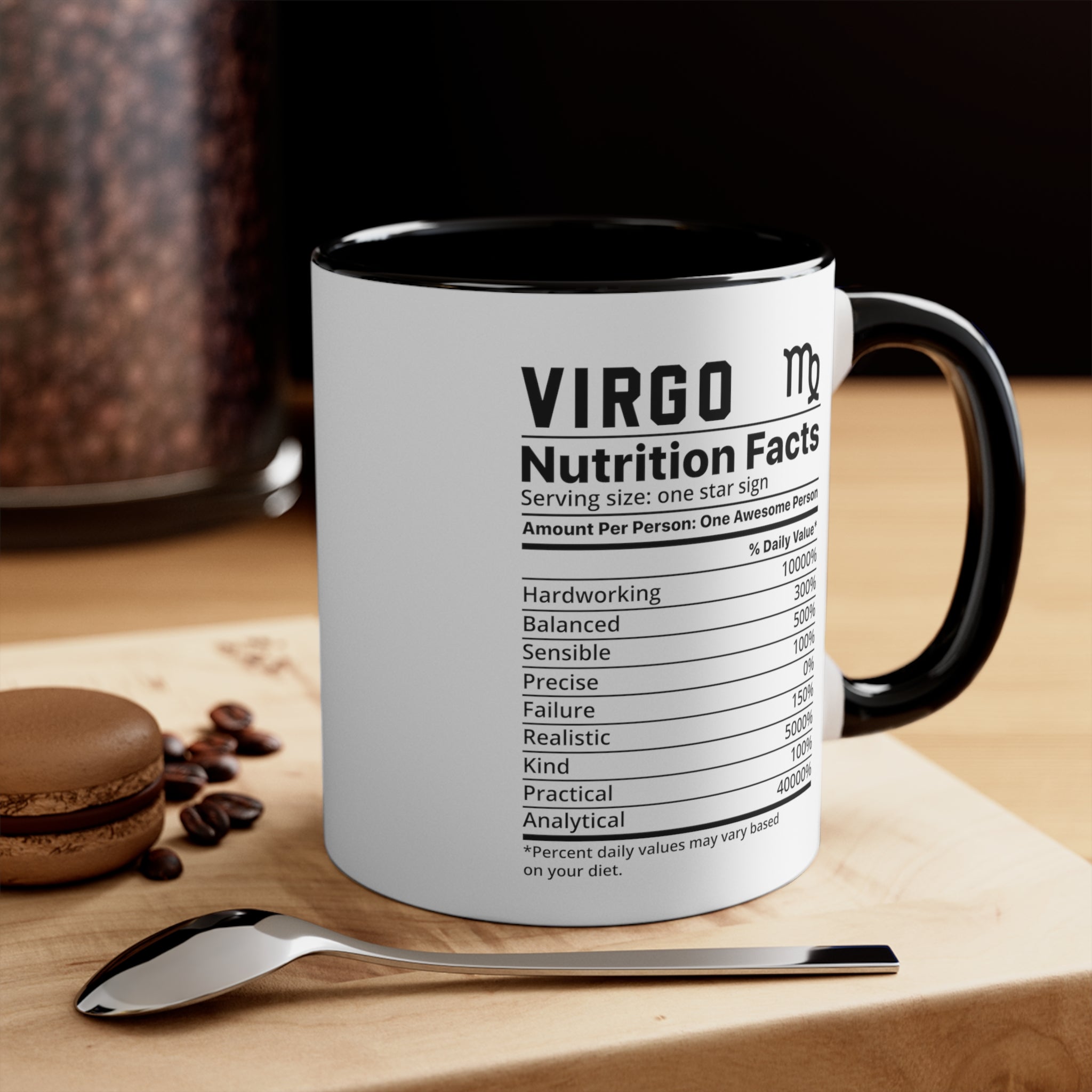 Virgo Star Sign Nutrition Facts White Black Accent Ceramic Mugs 11oz,  Zodiac, Astrology, Celestial, coffee mug, tea cup, joke, funny, humorous, fun