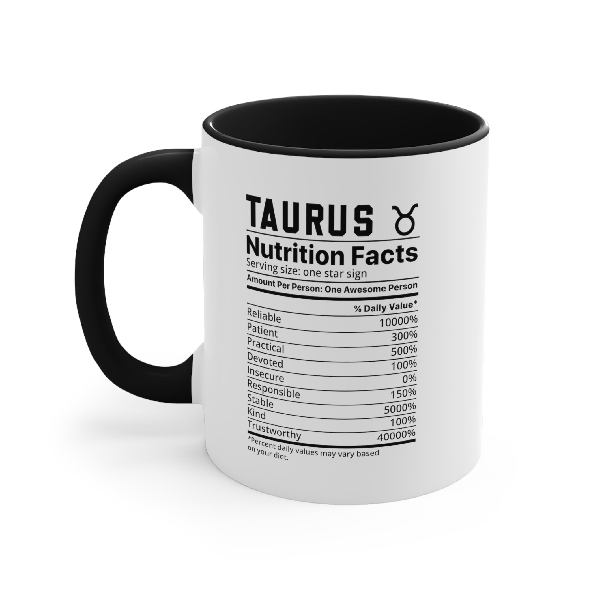 Taurus Star Sign Nutrition Facts White Black Accent Ceramic Mugs 11oz,  Zodiac, Astrology, Celestial, coffee mug, tea cup, joke, funny, humorous, fun