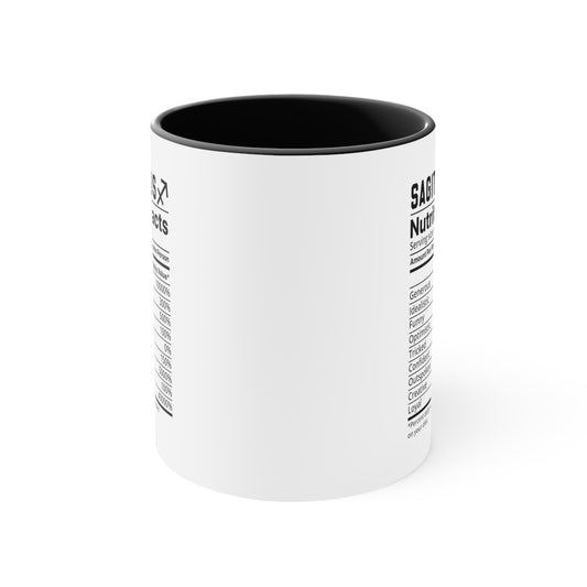 Sagittarius Star Sign Nutrition Facts White Black Accent Ceramic Mugs 11oz,  Zodiac, Astrology, Celestial, coffee mug, tea cup, joke, funny, humorous, fun