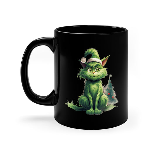 Green Christmas Cat 11oz Black Mug