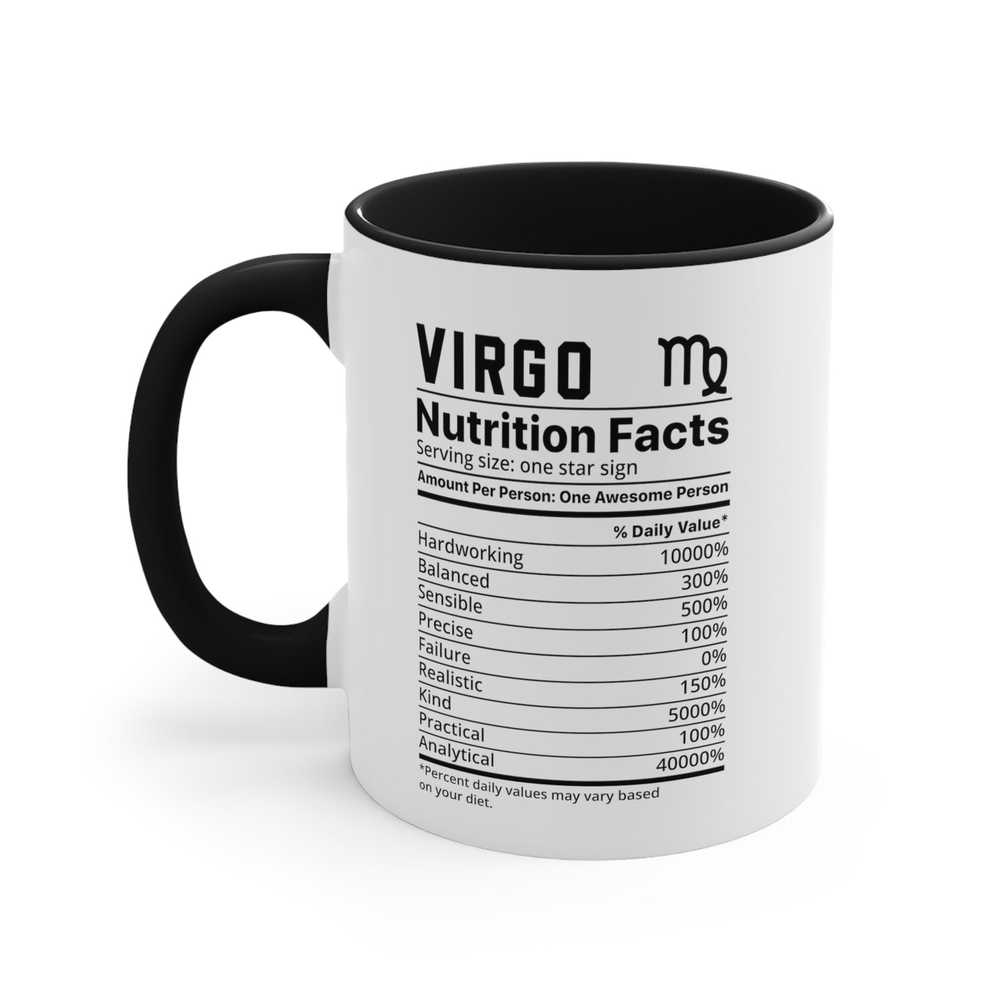 Virgo Star Sign Nutrition Facts White Black Accent Ceramic Mugs 11oz,  Zodiac, Astrology, Celestial, coffee mug, tea cup, joke, funny, humorous, fun