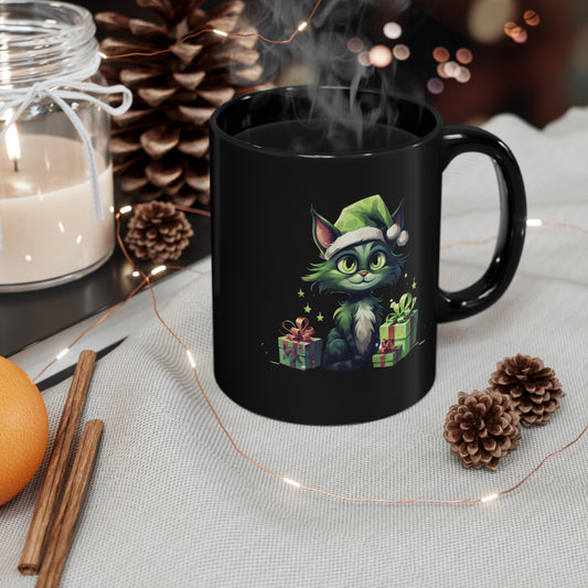 Green Christmas Cat 11oz Black Mug
