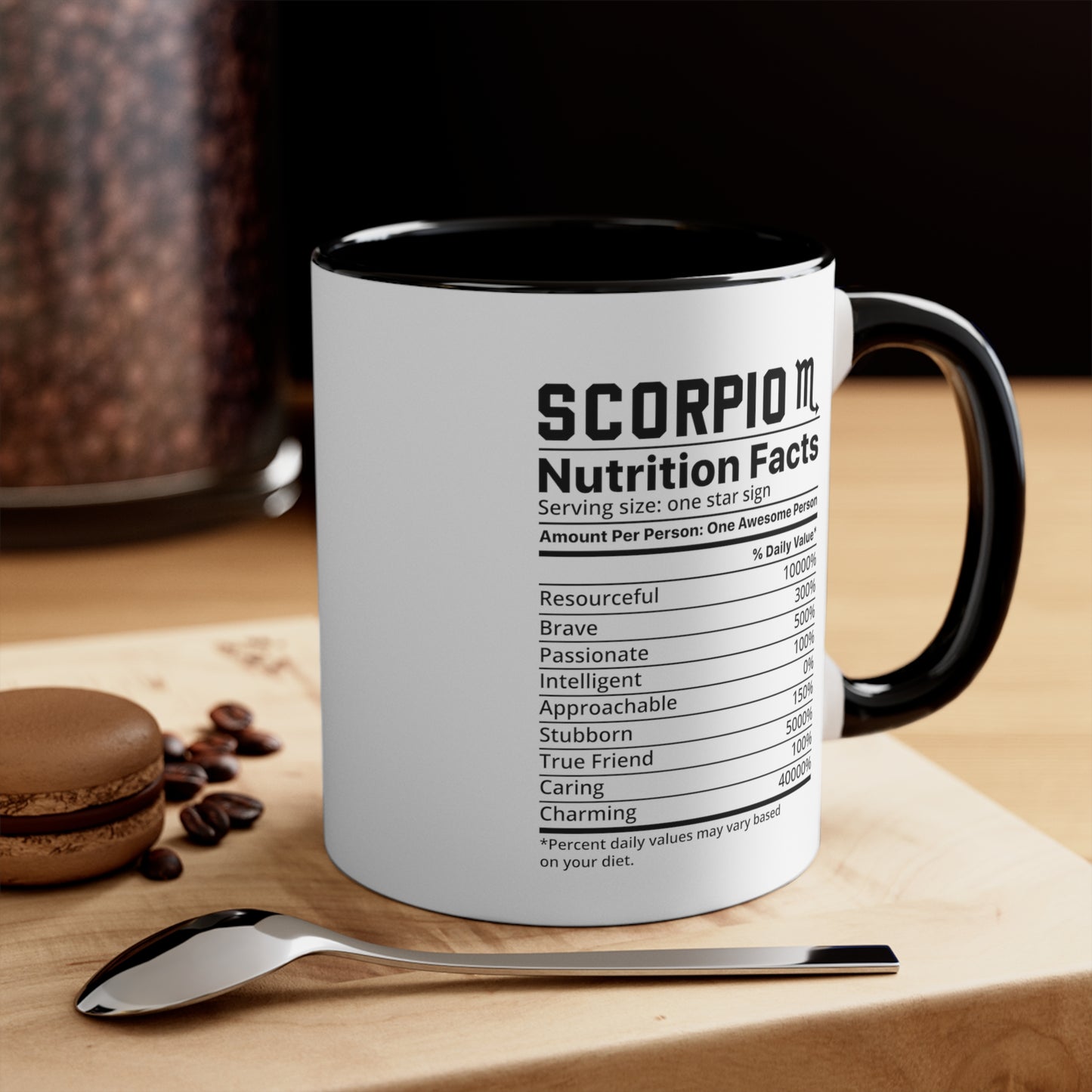 Scorpio Star Sign Nutrition Facts White Black Accent Ceramic Mugs 11oz,  Zodiac, Astrology, Celestial, coffee mug, tea cup, joke, funny, humorous, fun
