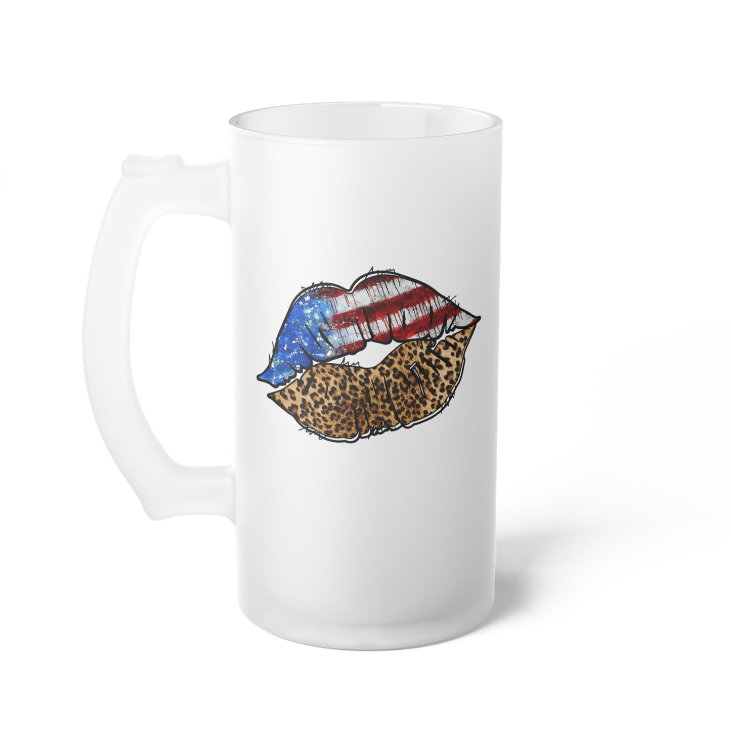 American Flag Leopard Print Lips Frosted Glass Beer Mug