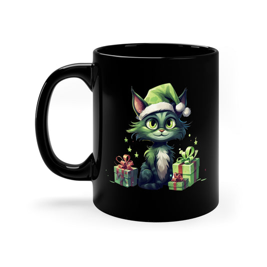 Green Christmas Cat 11oz Black Mug