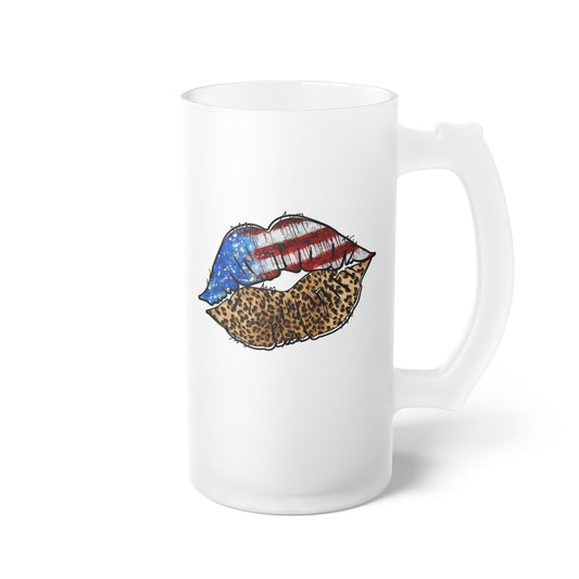 American Flag Leopard Print Lips Frosted Glass Beer Mug