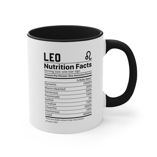 Leo Star Sign Nutrition Facts White Black Accent Ceramic Mugs 11oz,  Zodiac, Astrology, Celestial, coffee mug, tea cup, joke, funny, humorous, fun