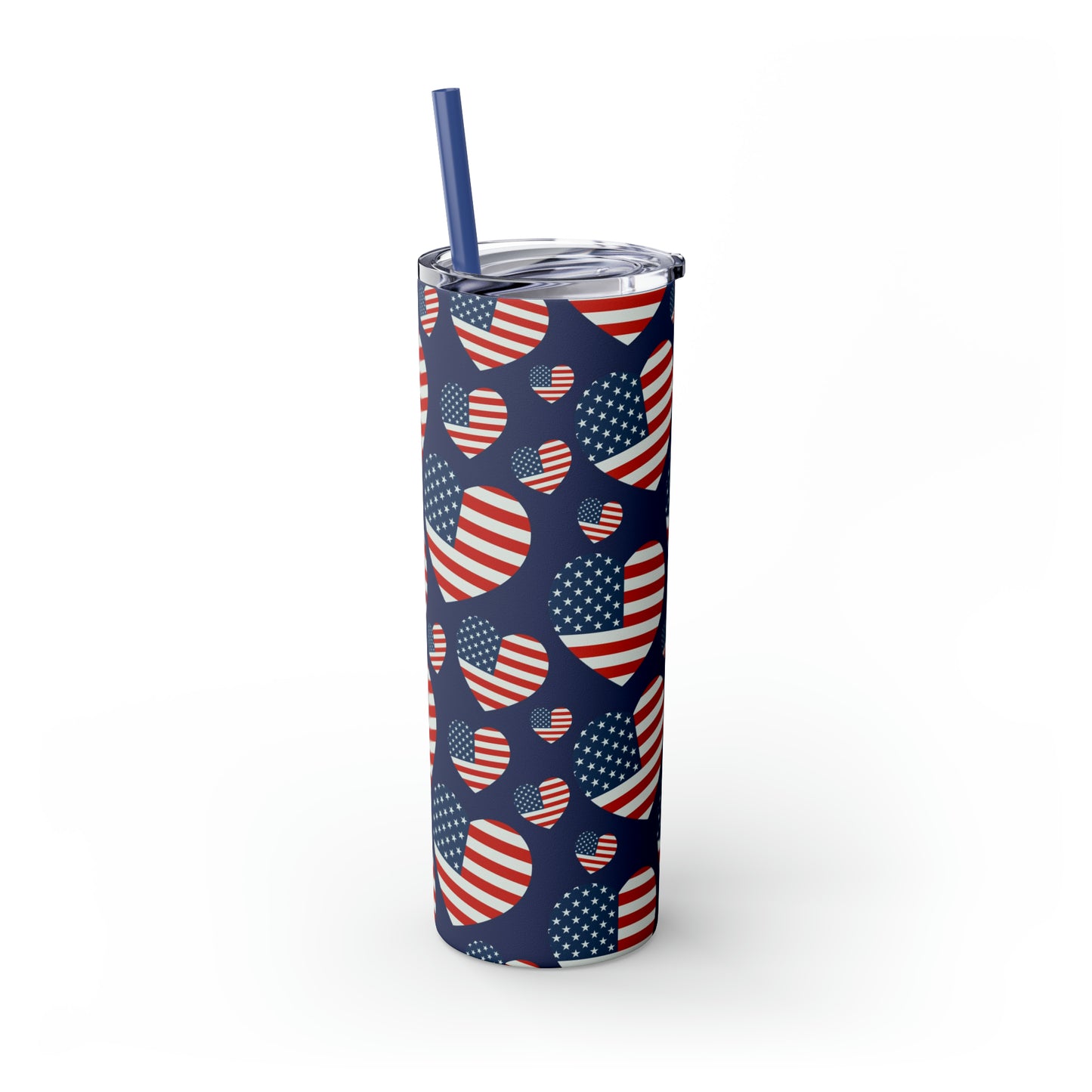American Flag Hearts Skinny Tumbler with Straw, 20oz
