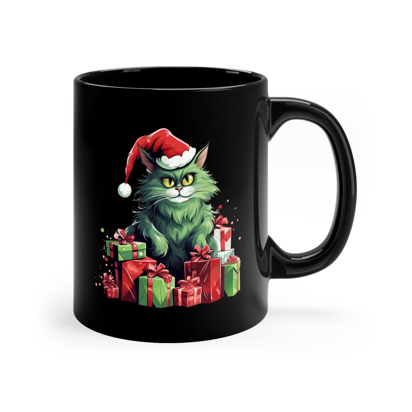 Green Christmas Cat 11oz Black Mug