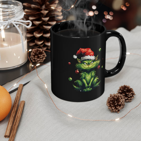 Green Christmas Cat 11oz Black Mug