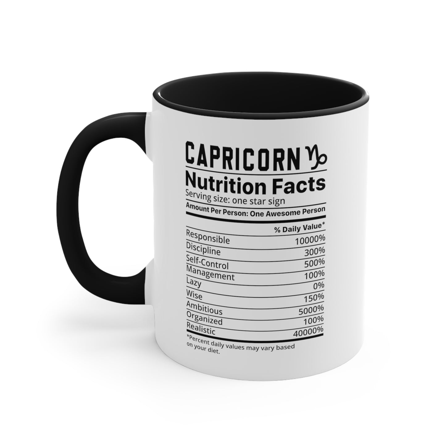 Capricorn Star Sign Nutrition Facts White Black Accent Ceramic Mugs 11oz,  Zodiac, Astrology, Celestial, coffee mug, tea cup, joke, funny, humorous, fun
