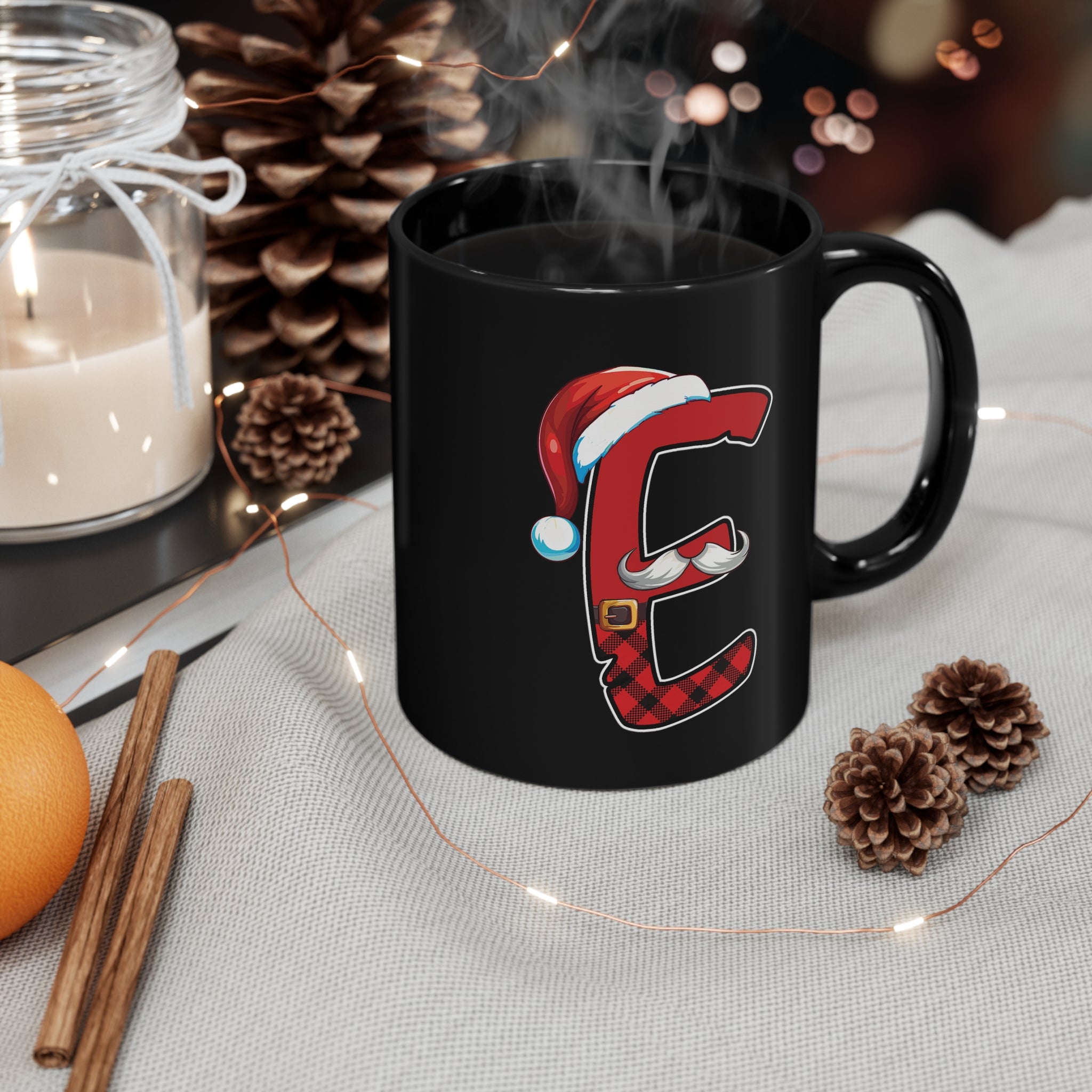 E Santa Initial 11oz Black Mug