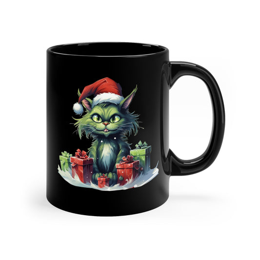 Green Christmas Cat 11oz Black Mug