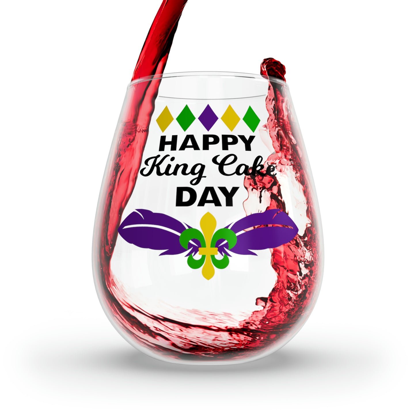 Happy King Cake Day Stemless Wine Glass, 11.75oz