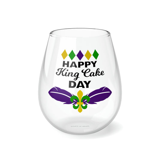 Happy King Cake Day Stemless Wine Glass, 11.75oz