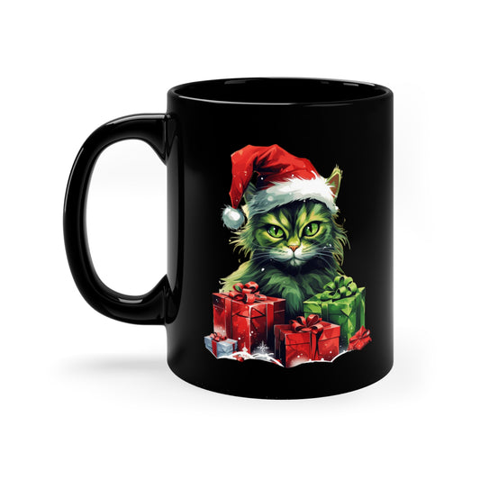 Green Christmas Cat 11oz Black Mug