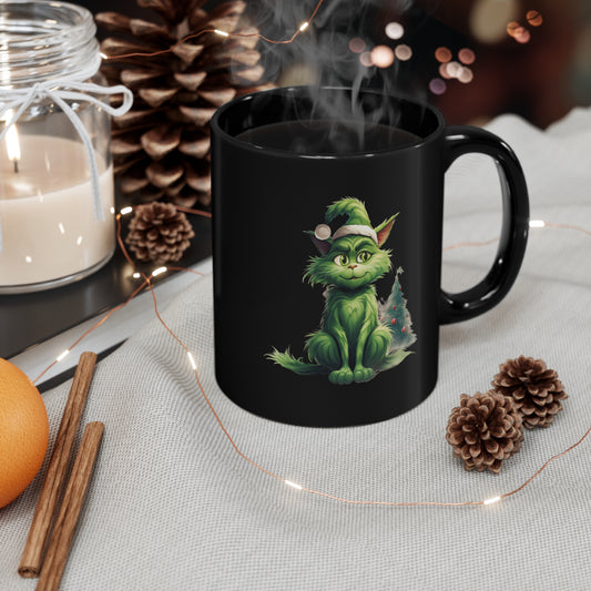 Green Christmas Cat 11oz Black Mug