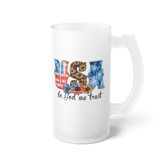 USA In God We Trust Frosted Glass Beer Mug