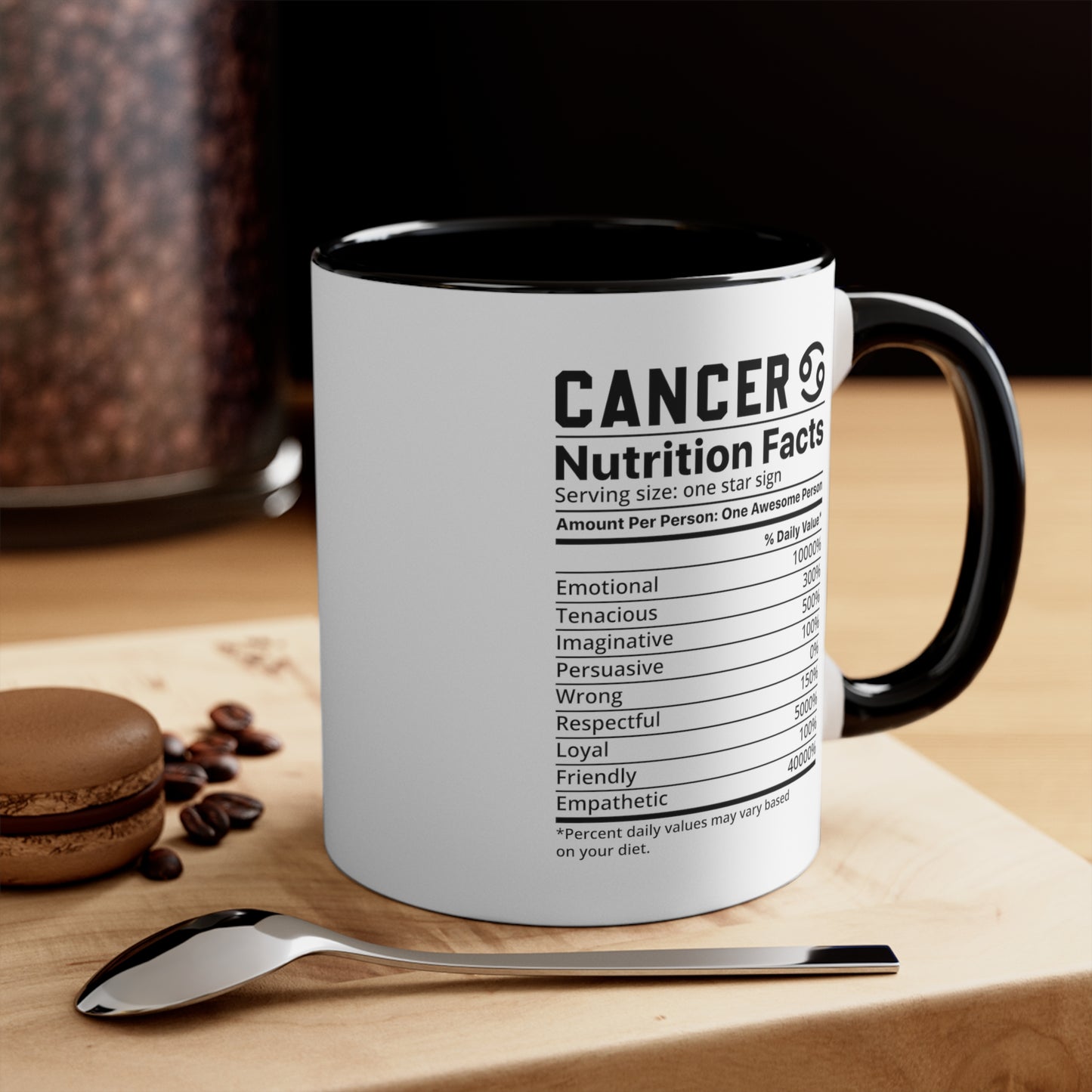 Cancer Star Sign Nutrition Facts White Black Accent Ceramic Mugs 11oz,  Zodiac, Astrology, Celestial, coffee mug, tea cup, joke, funny, humorous, fun