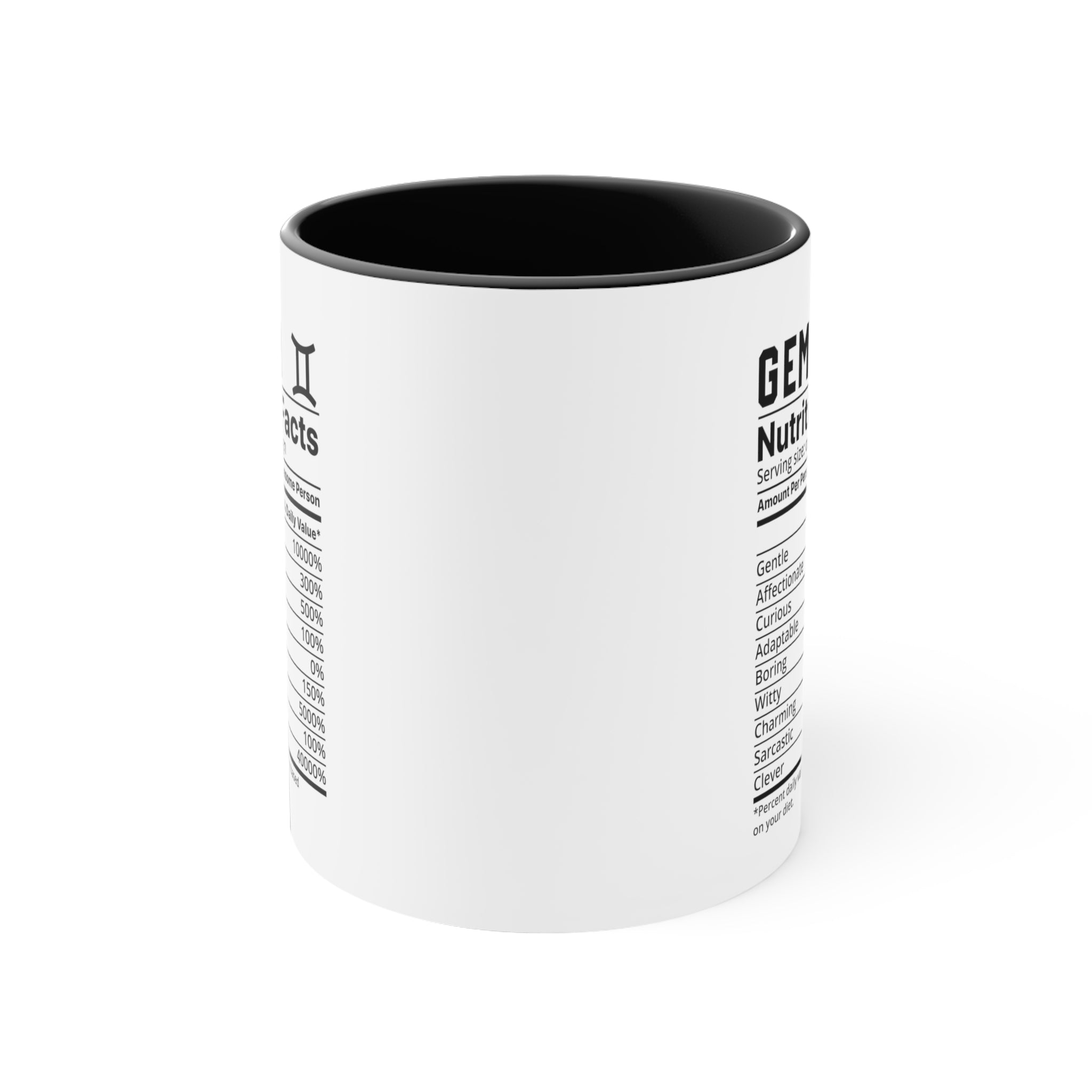 Gemini Star Sign Nutrition Facts White Black Accent Ceramic Mugs 11oz,  Zodiac, Astrology, Celestial, coffee mug, tea cup, joke, funny, humorous, fun