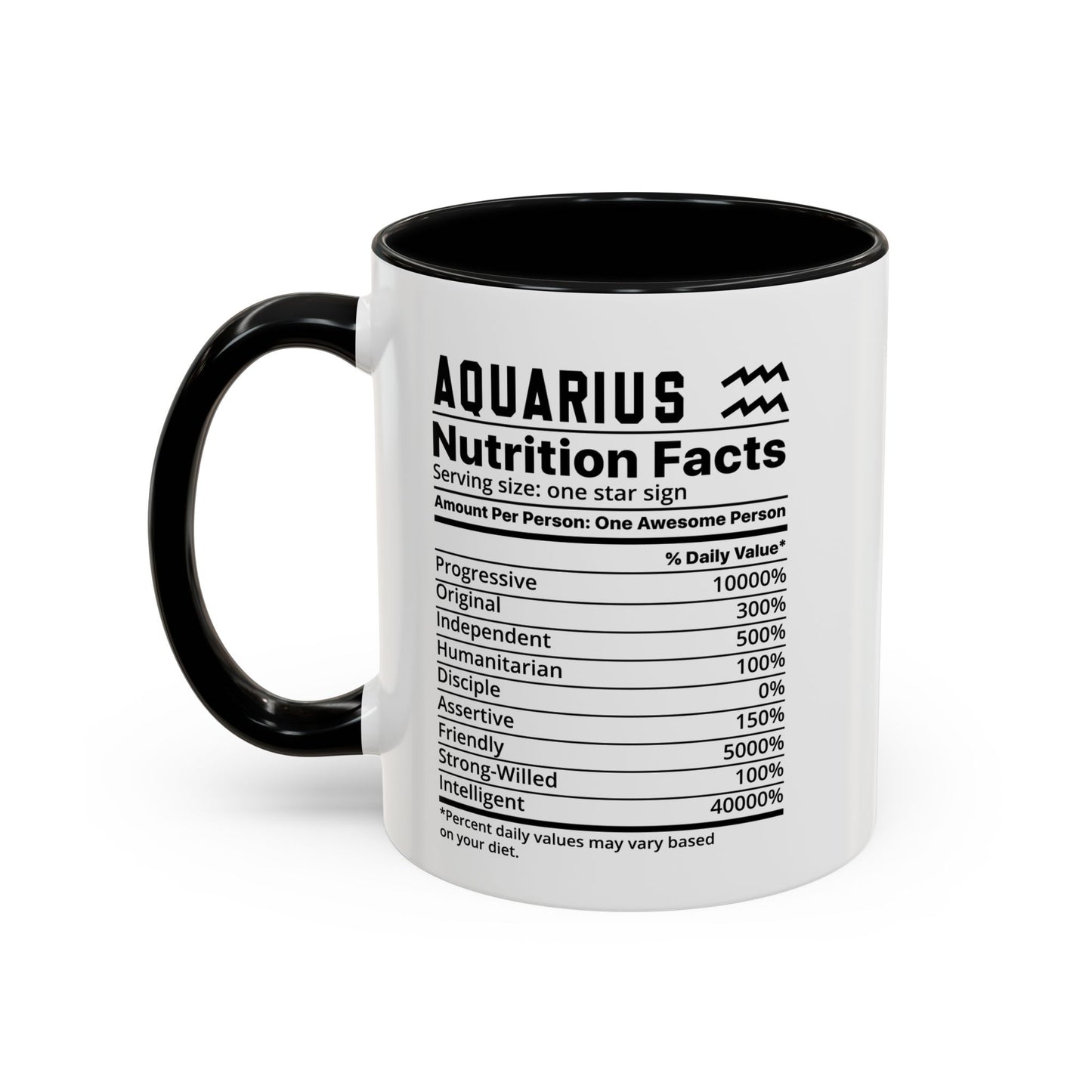 Aquarius Star Sign Nutrition Facts White Black Accent Ceramic Mugs 11oz,  Zodiac, Astrology, Celestial, coffee mug, tea cup, joke, funny, humorous, fun
