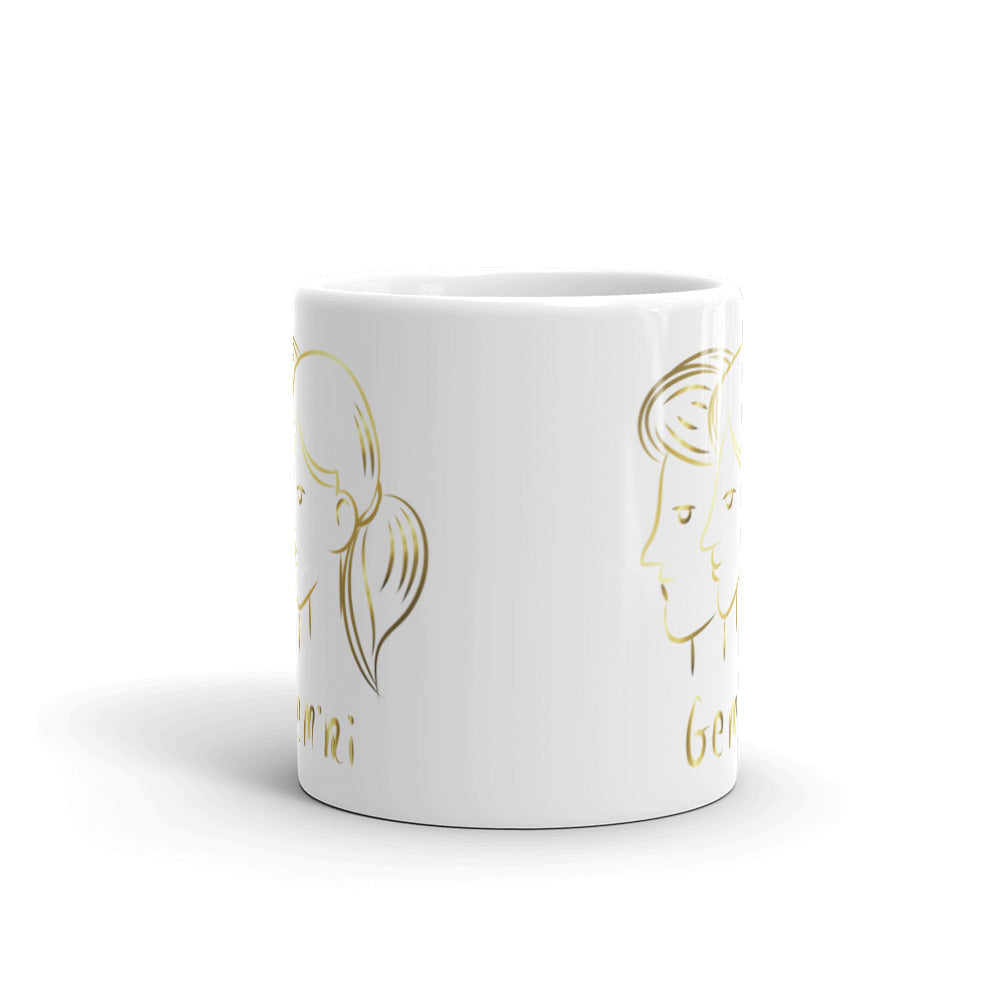 Gemini Zodiac Sign In White & Gold - White glossy mug