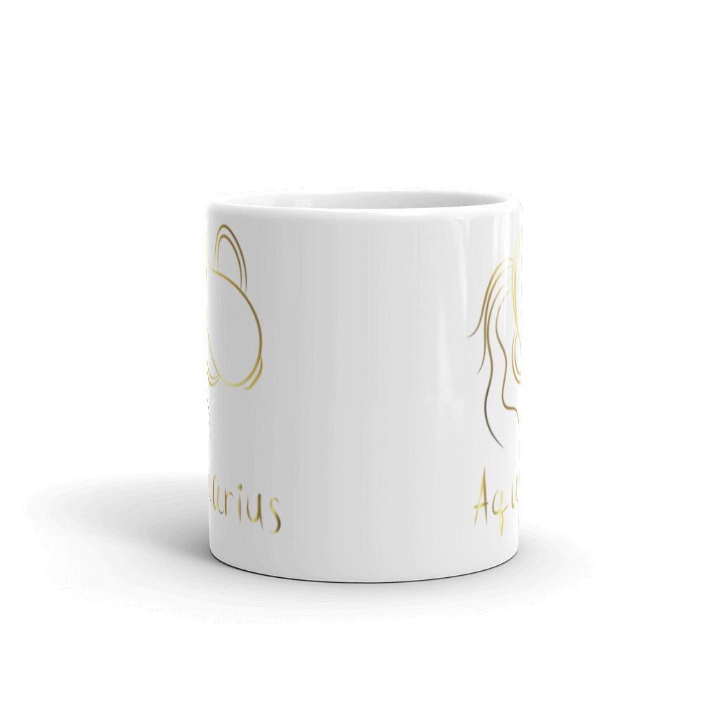 Aquarius Zodiac Sign in White & Gold - White glossy mug