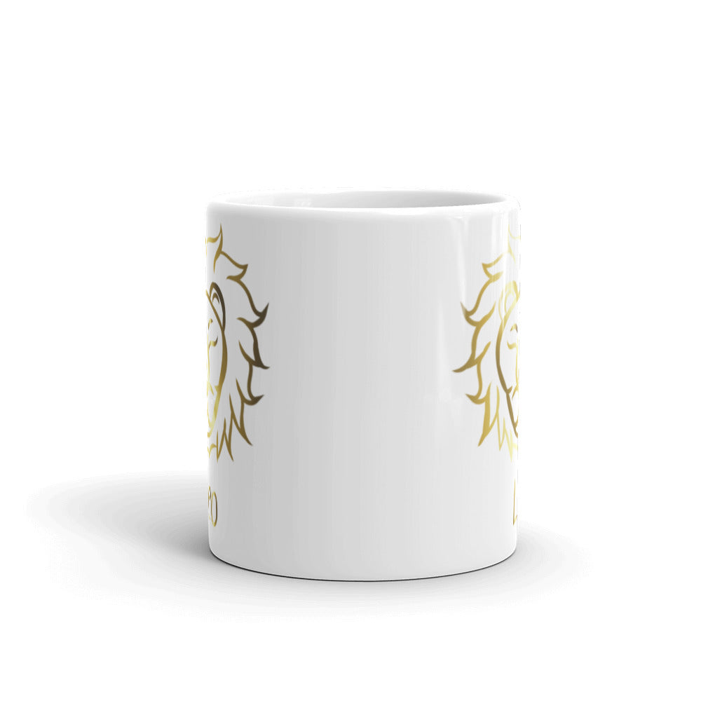 Leo Zodiac Sign in White & Gold - White glossy mug