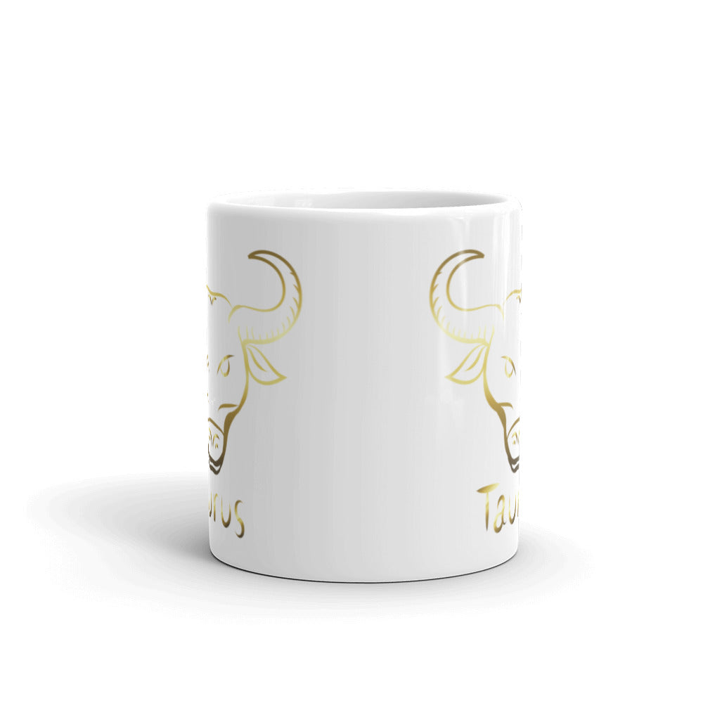 Taurus Zodiac Sign in White & Gold - White glossy mug