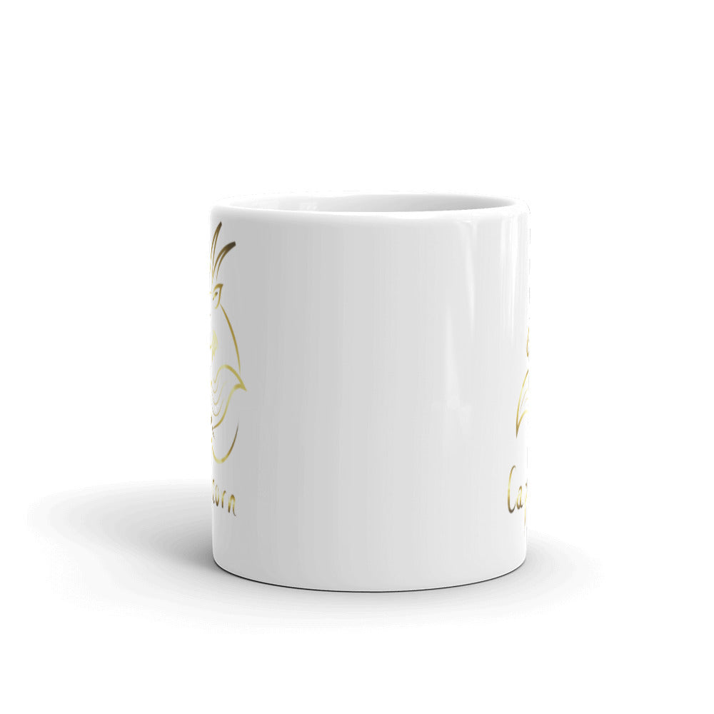 Capricorn Zodiac Sign in White & Gold - White glossy mug