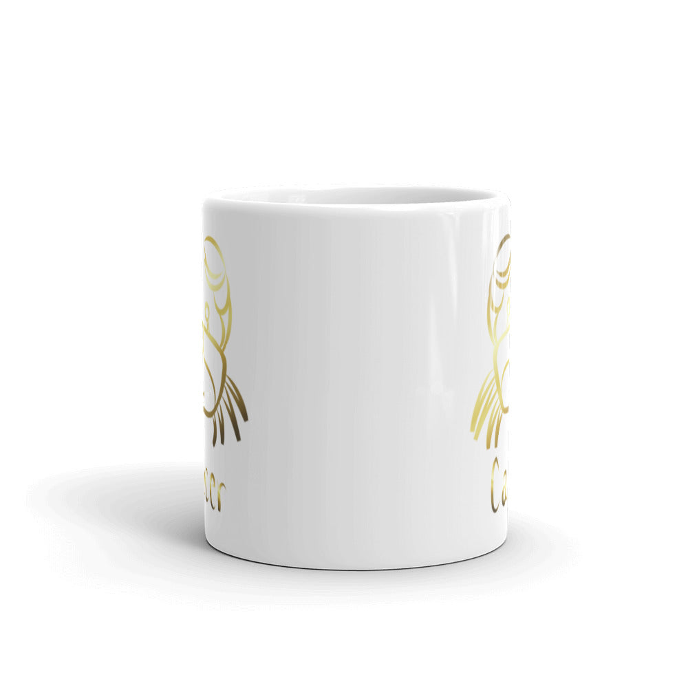 Cancer Zodiac Sign in White & Gold - White glossy mug