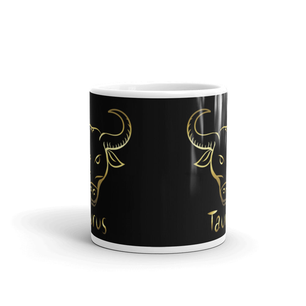 Taurus Zodiac Sign in Black & Gold - White glossy mug