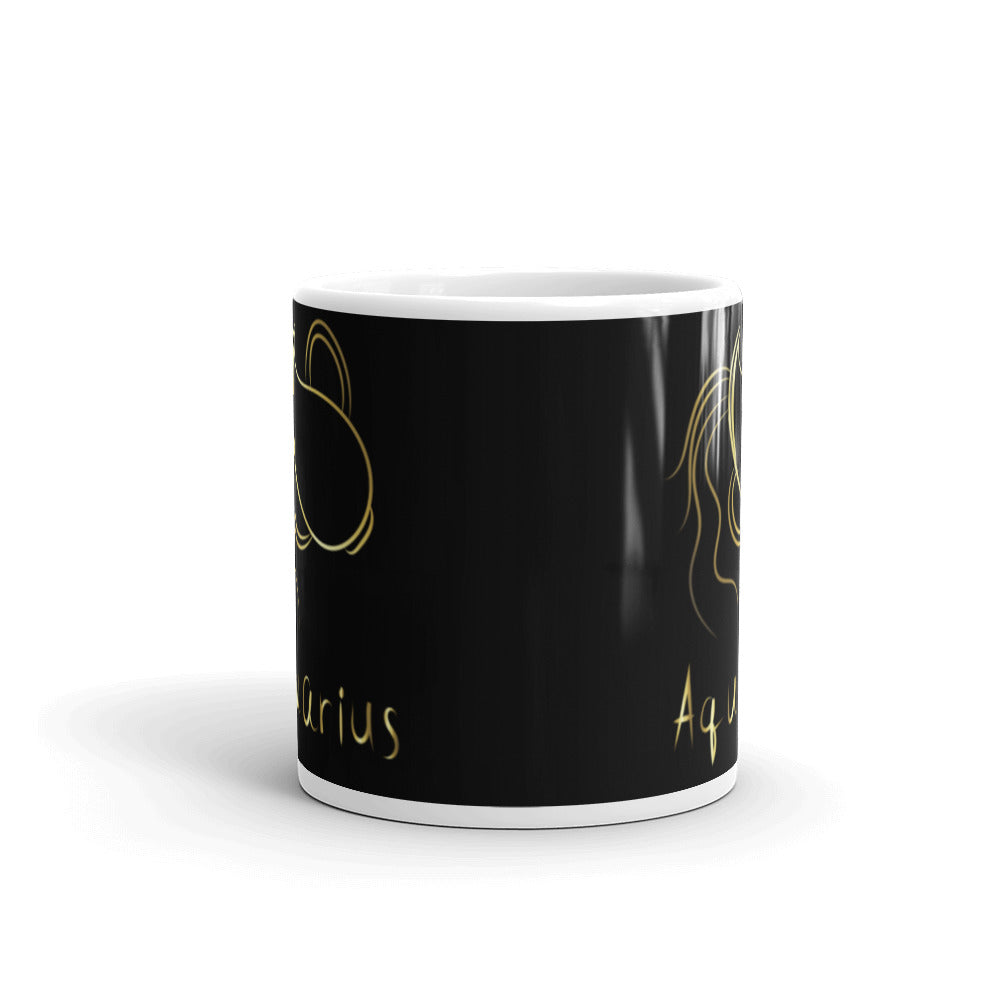 Aquarius Zodiac Sign in Black & Gold - White glossy mug