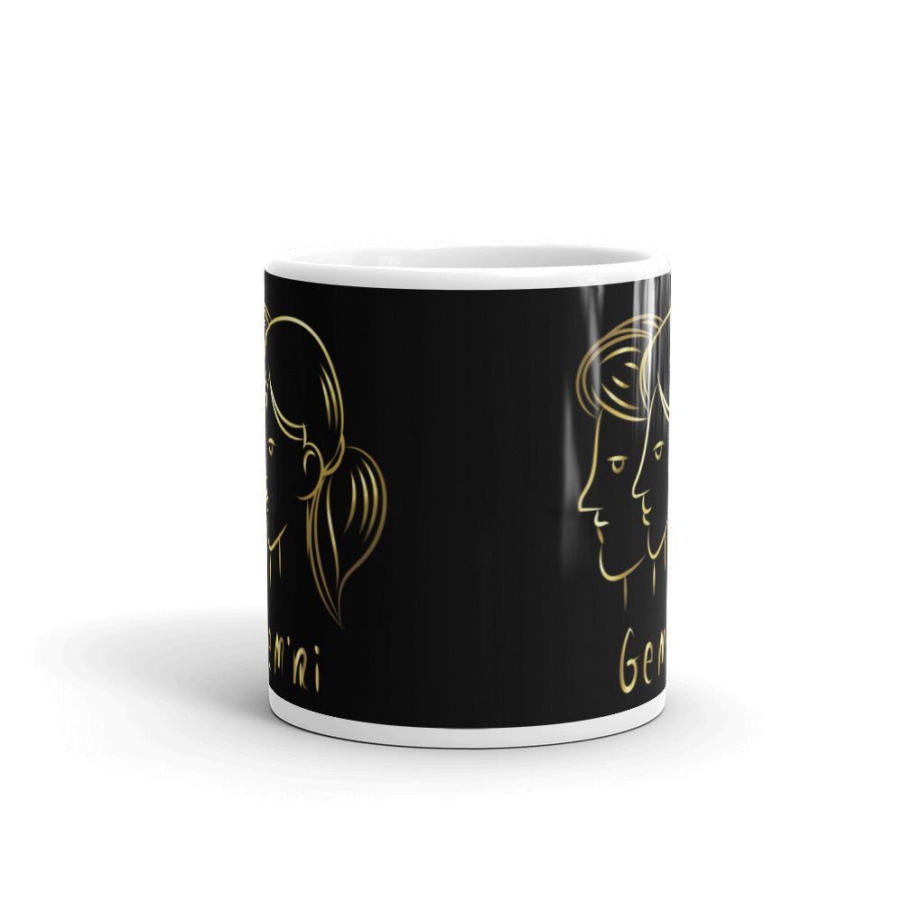 Gemini Zodiac Sign in Black & Gold - White glossy mug