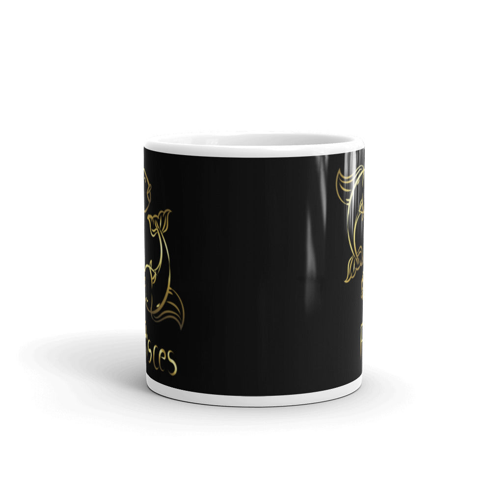 Pisces Zodiac Sign in Black & Gold - White glossy mug