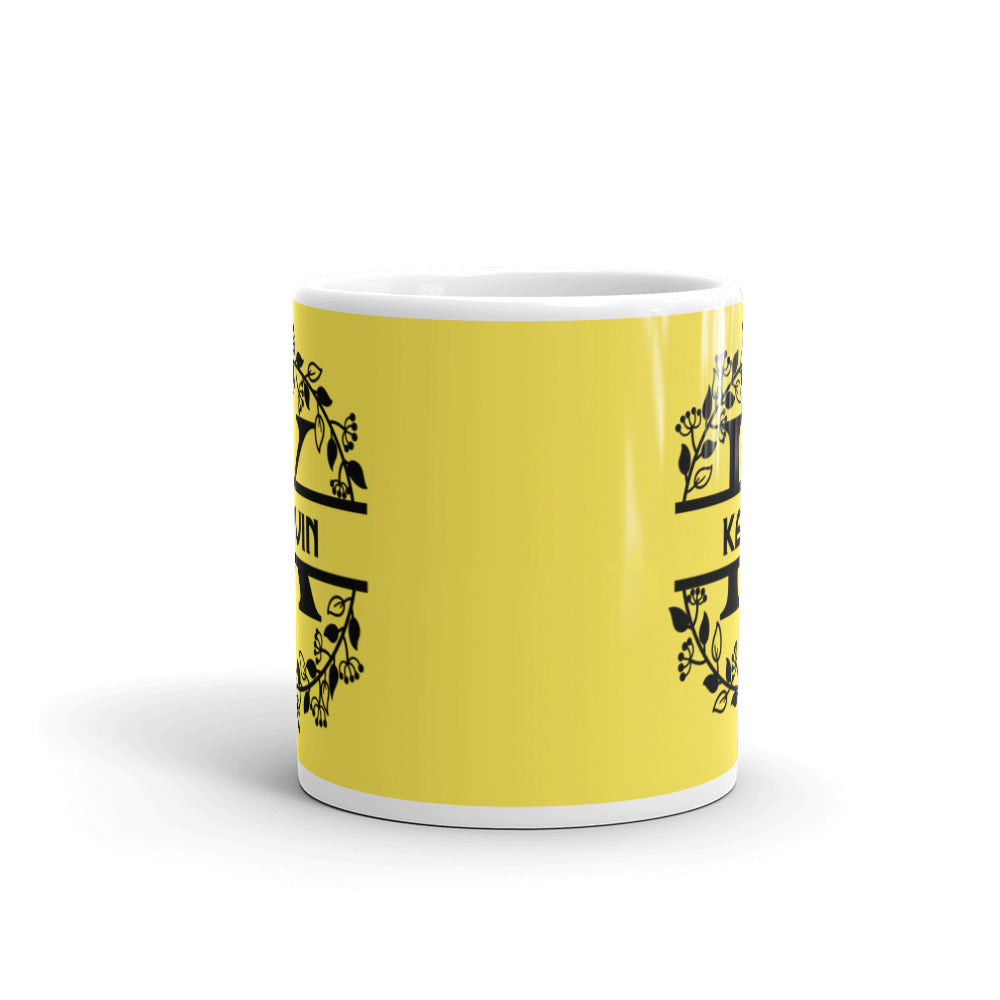 Kevin - Yellow & Black Personalised on White glossy mug