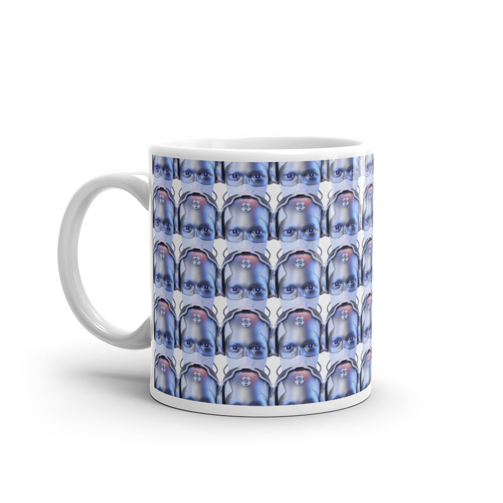Robotic Head in Purple Pattern - White glossy mug - Science Fiction Day