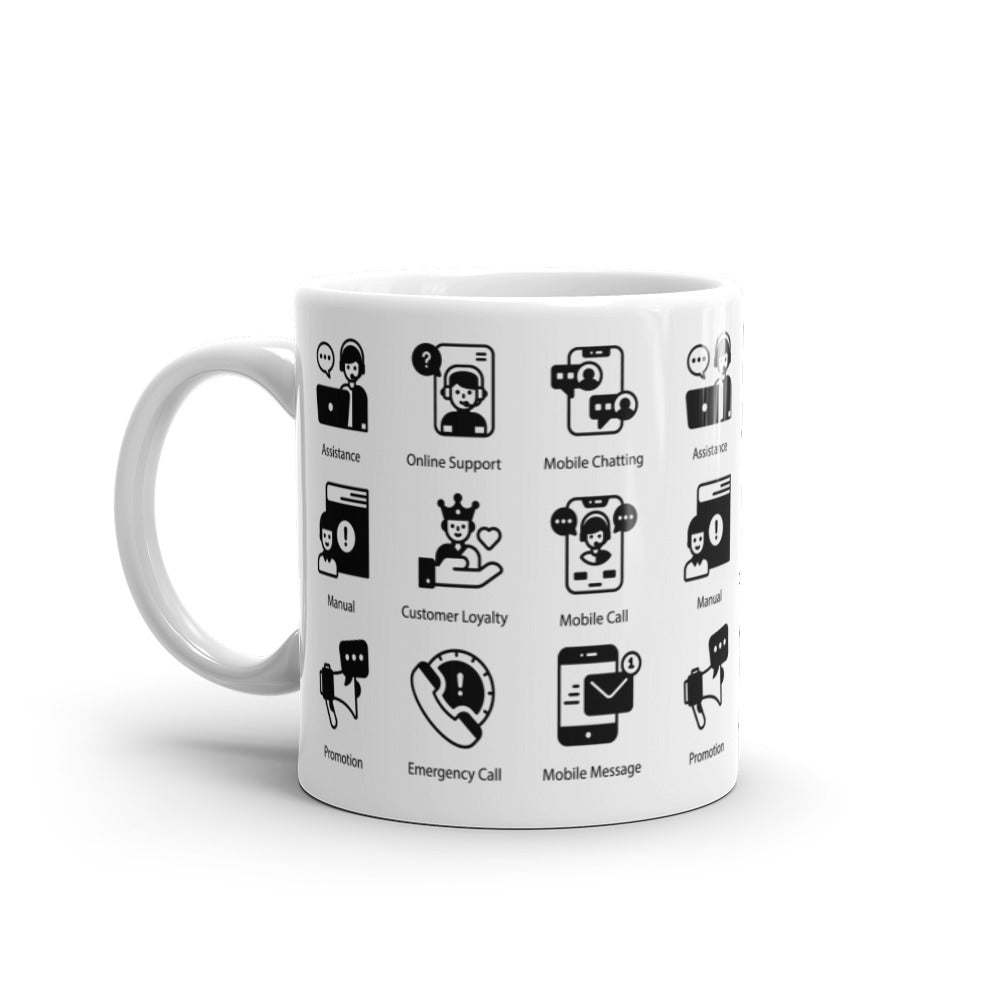 Customer Support Icons in Black - White glossy mug - Get to Know your Customer Day